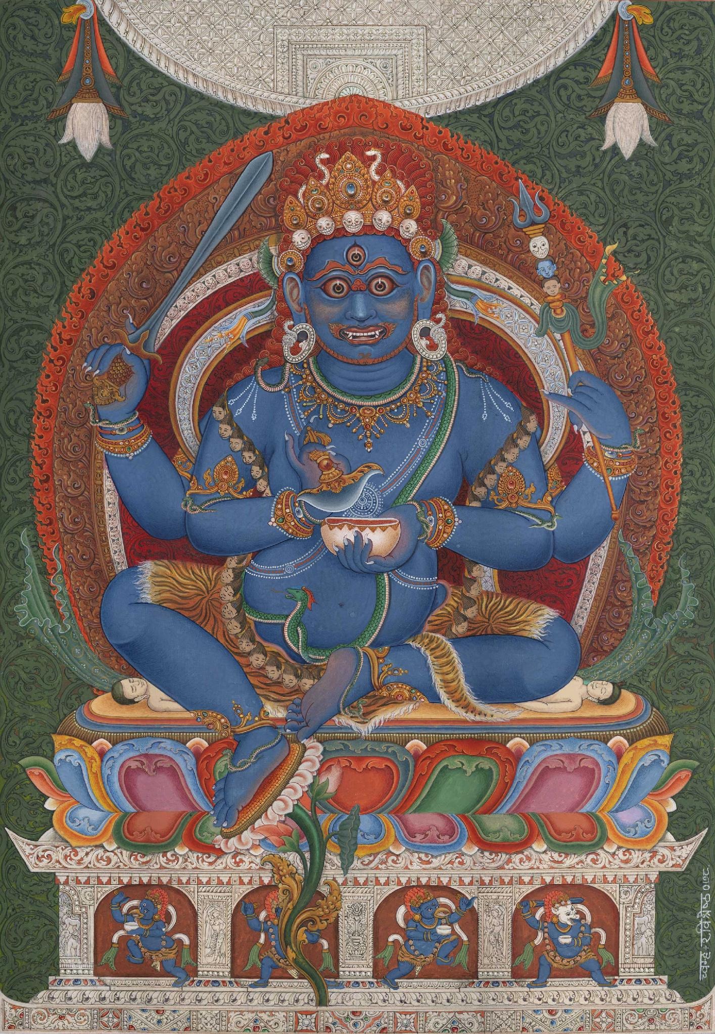 Mahakala Tứ Thủ Tranh paubha Newar vẽ Mahakala Bốn Tay